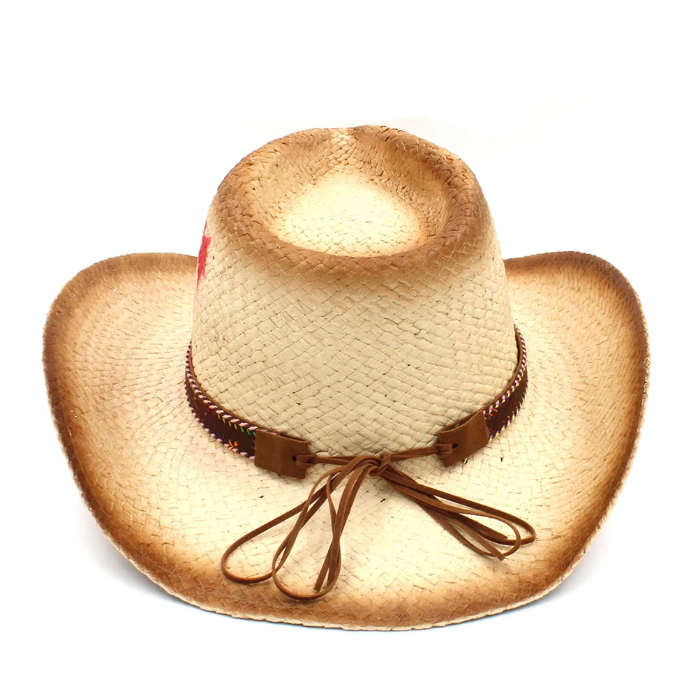 Women Men Straw Western Cowboy Hat With Punk Leaves Band Star Lady Dad Sombrero Hombre Cowgirl Jazz Caps Size 58CM