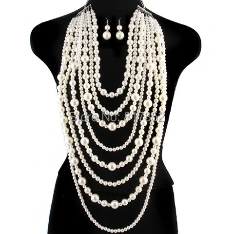 

New Style P08 Women Fashion White Imitation Pearls Body Jewelry Layers Pearls Beads Necklace Earrings Body Jewelry