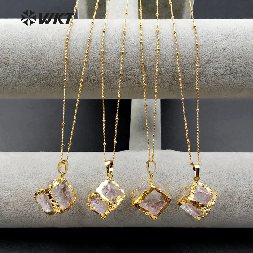 

WT-N1031 WKT Wholesale Jewelry Natural Crystal Pendant Necklace Cubic Pendant With Gold Stalite Beads Chain For Fashion Jewelry