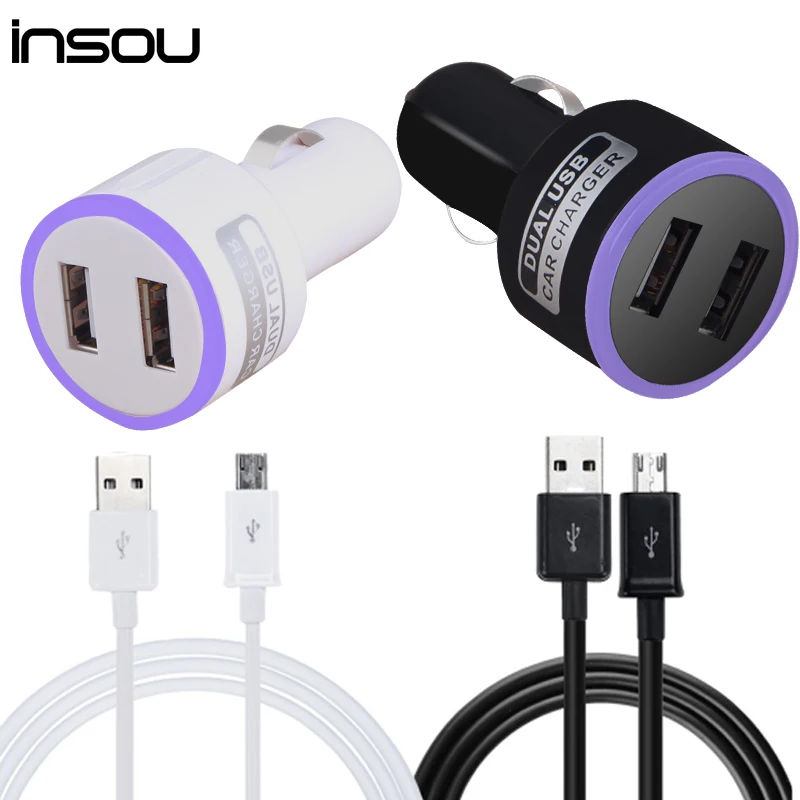 INSOU Car-charger Dual Ports 5V 2A fast charging travel Adapter USB Car Charger + android cable for xiaomi samsung lg g5 Phone 