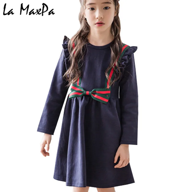

2018 Party Wedding Vestidos Infant Children Clothes Retail Kids Girls Dresses 4-11T Princess Girl Striped Bow Dress O-neck Tops