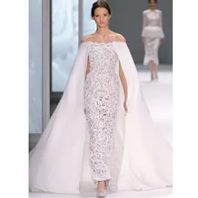 Saudi-arabien Elegante Weiße Abendkleid Bodenlangen spitze formale Weg von der schulter abendkleid mit wrap vestido de Festa