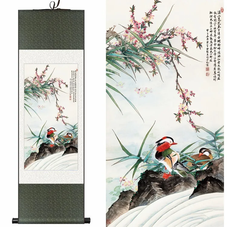 

Chinese Silk ink watercolor flower birds Peach Blossom mandarin duck art feng shui canvas wall picture framed scroll paintings