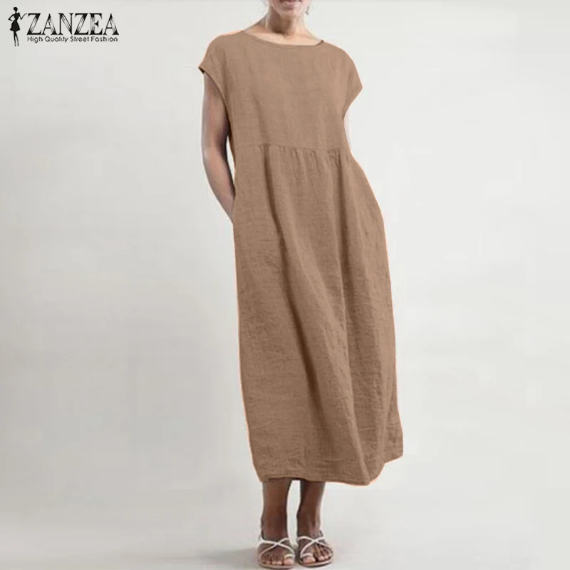 ZANZEA льняное платье миди женский летний сарафан Модная рубашка с коротким рукавом Vestido элегантные женские плиссированные вечерние платья с круглым вырезом
