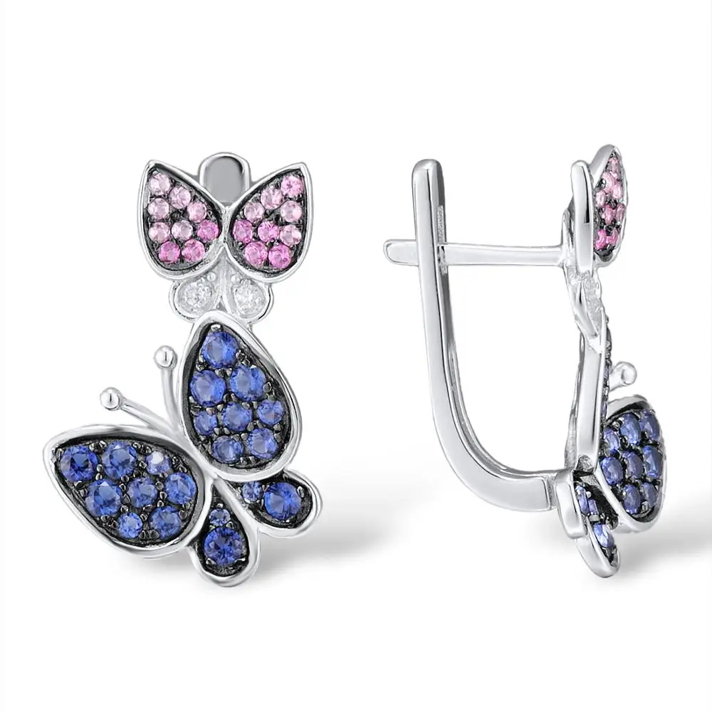 SANTUZZA, Серебряный набор украшений для женщин, элегантные голубые розовые камни, серьги-бабочки, набор колец, 925 пробы, серебряные шикарные ювелирные изделия