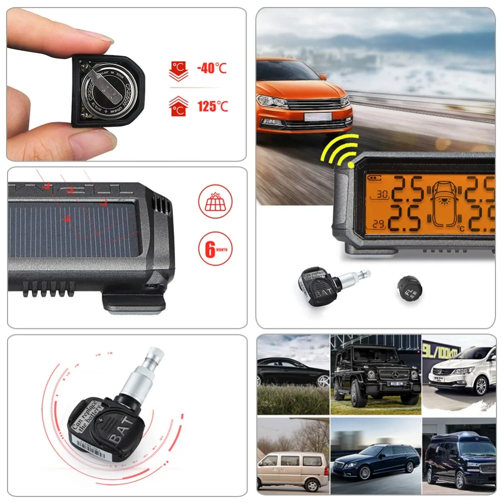 Wireless TPMS Tire Pressure Monitoring System Real-time Alarm 3.5inch 4PCS External/Internal Sensors Solar Tire Guage Monitor