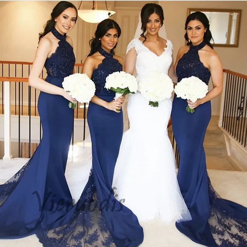 

2019 fashion navy blue mermaid Bridesmaid gowns halter Satin Crystal Beaded lace applique Bridesmaid Dresses