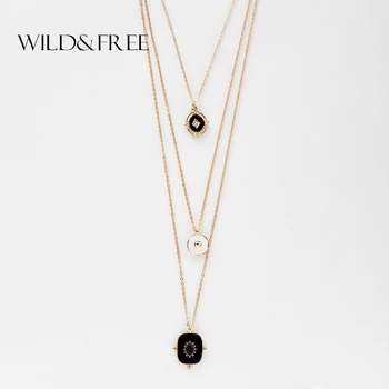 

Wild&Free Women Multi Layered Gold Necklace & Pendant 3 Layers Long Chain Necklace Vintage Black Enamel Coin Necklaces Jewelry