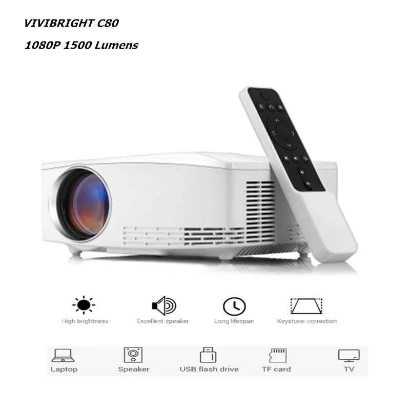 

VIVIBRIGHT C80 LCD Projector Home Theater 1500 Lumens 1280 x 720P support PC/laptop/tablet/smartphone/USB Portable Projector