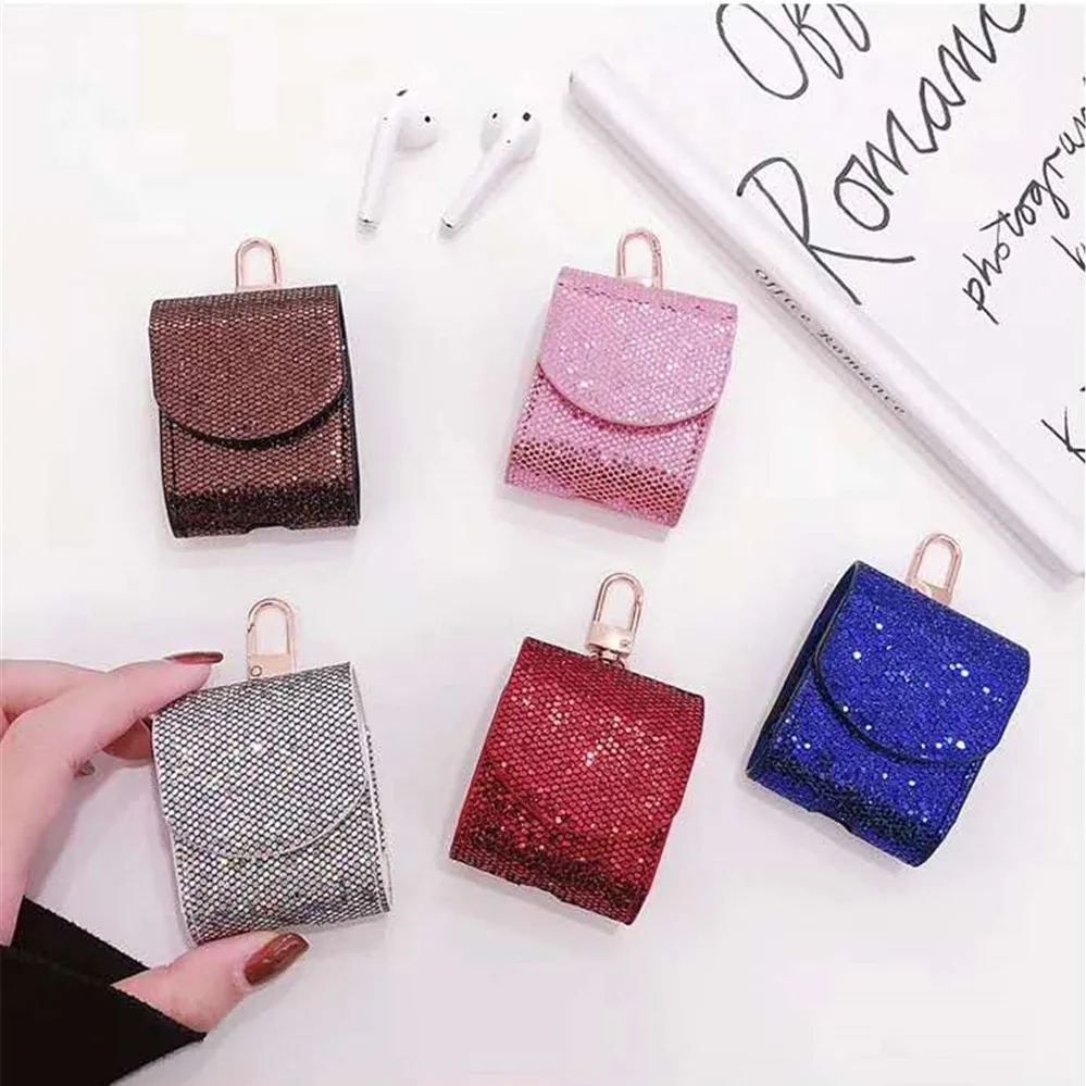 

Luxury Sequin Glitter Bling metal soft for Apple AirPods 1 2 Bluetooth Wireless Earphone Cover Charging Box Finger Ringchain