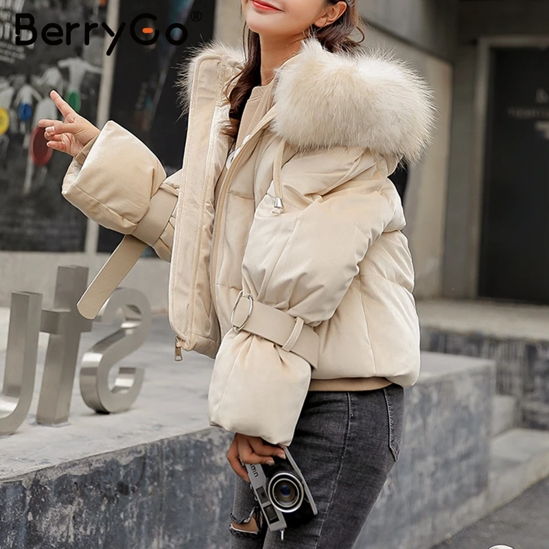 BerryGo Elegant hooded fur colllar outerwear coats Winter zipper belt lace up cotton warm coat Gold velvet thicken women parkas