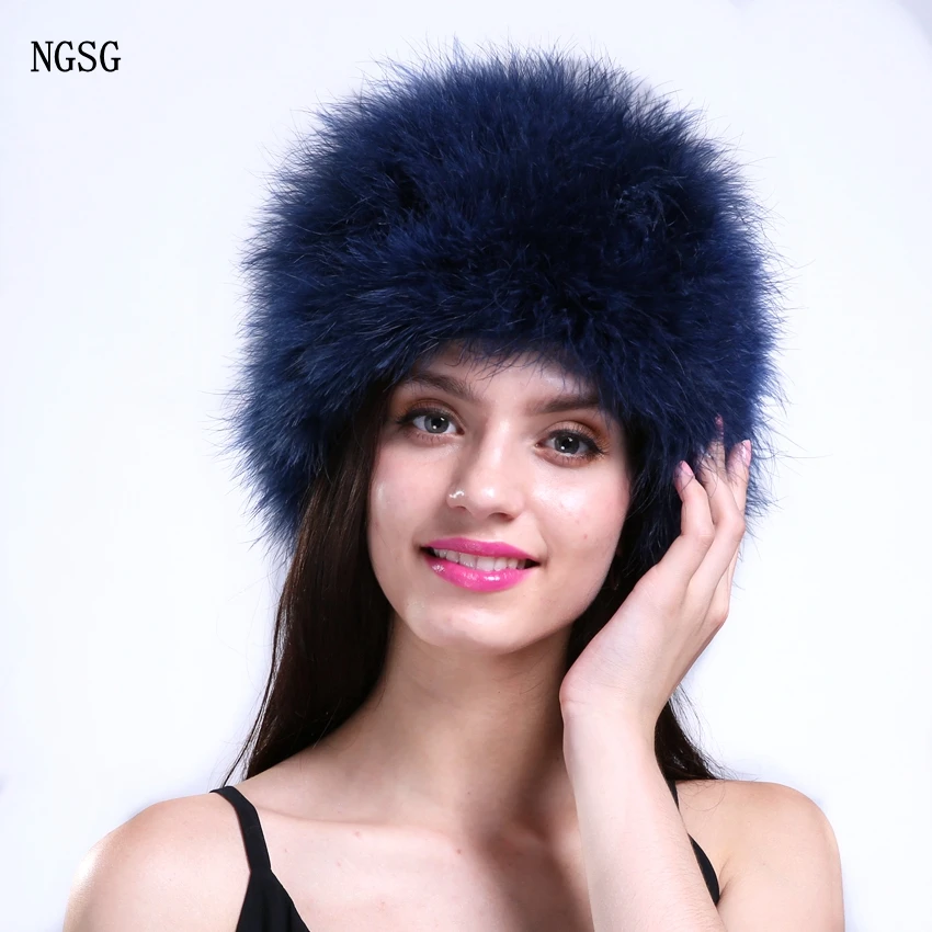 

NGSG Natural feather thin fur hats for women fashion spring skullies beanies winter blue cap cute pompoms colors autumn hat lady