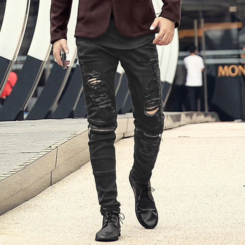 

Men Autumn New Slim Fit Casual Black Ripped Holes Jeans Men Cotton Motorcycle Bikers Zipper Hip Hops Denim Stretch Pants K785