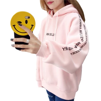 

Korean Women New Fashion Velvet Hoodies Females Long Sleeve Printing Letter Sweatshirts Womens Loose Hooded Thickening Female