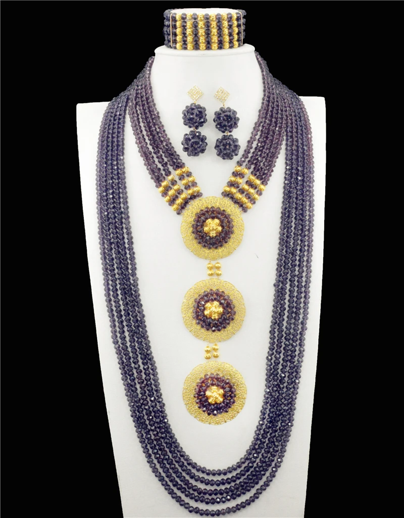 

Free Shipping Ten Row African Purple Luxury Bridal Nigerian Wedding African Beads Big Jewelry Set Crystal