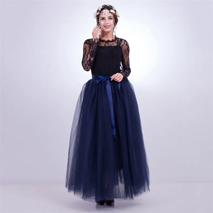 Женская юбка-пачка длиной 100 см, 7 слоев, Тюлевая юбка трапециевидной формы, длина до пола, вечерние тюлевые юбки, Свадебное бальное платье, юбка - Цвет: Navy blue