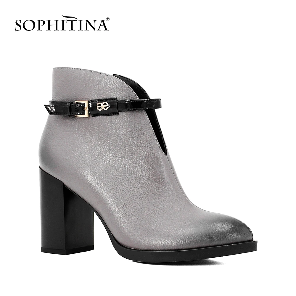 

SOPHITINA high quality thick heel woman leather boots Round Toe Zipper ankle boots sexy handmade buckle winter woman shoes B037