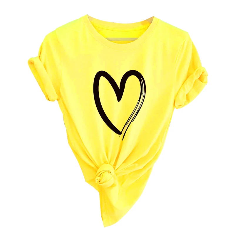 Женская футболка размера плюс 5XL, летние топы, хлопковая Футболка с сердечком и принтом, круглый вырез, короткий рукав, Повседневная Милая забавная футболка, туники - Цвет: Цвет: желтый