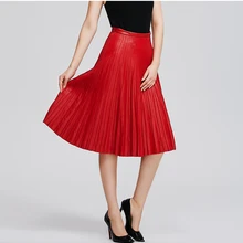 Женщины юбка высокой талией старинные плюс размер макси сплошной цвет плиссированные красный случайные подлинной кожаная юбка 6xl