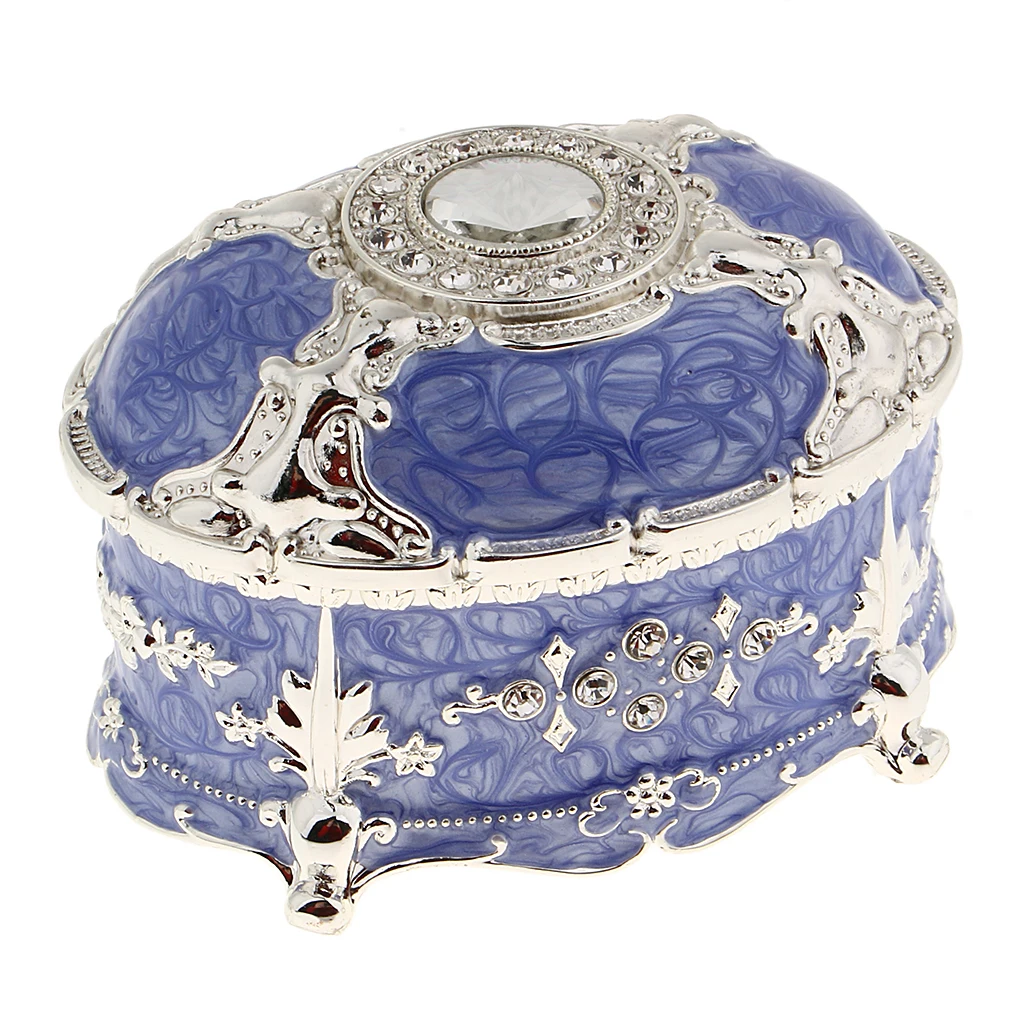Crystal Enamel Oval Metal Vintage Jewelry Box Gift Earrings Ring Storage Box