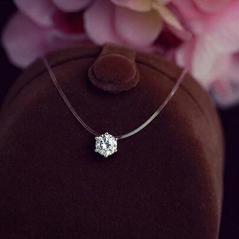 

Fashion Square 6 Claw Cz Stone Crystal Zircon Necklace Invisible Transparent Fishing Line Chain Necklace For Women