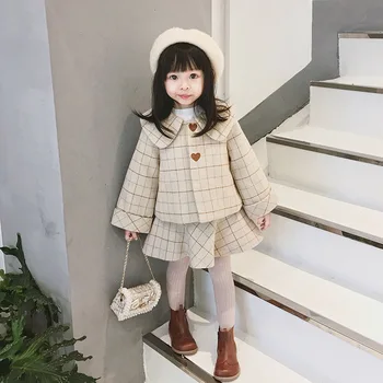 

Autumn and Winter Girls Japanese Ladies Plaid Woolen Jacket Love Long-sleeved Vest Skirt Children's Fashion Suit