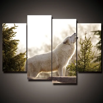 

Home Decor Living Room Wall Pictures HD Printed Canvas 4 Panel Howling Forest White Wolf Art Painting Modular Poster Framework
