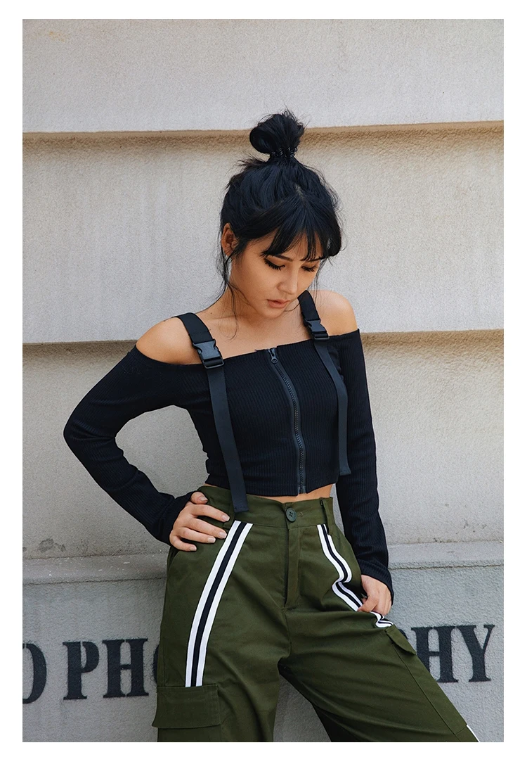 Streewear камуфляжные брюки женские Боковые Полосатые карманные брюки карго штаны Свободные Брюки панель с карманами и высокой посадкой