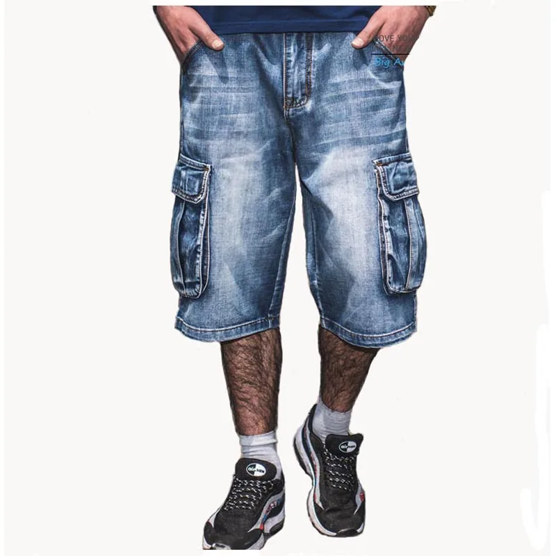 Mcikkny Summer Men's Cargo Denim Shorts Multi pockets Hip Hop Loose Jeans Shorts For Male Washed  (5)