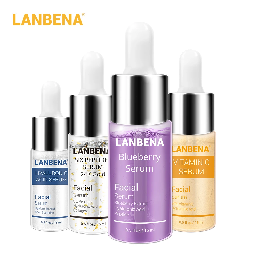 LANBENA 4 шт./лот, сыворотка для лица, восстанавливающая жидкость, Антивозрастные пятна, Черника+ Гиалуроновая кислота+ витамин С+ золото, шесть пептидов, уход за кожей