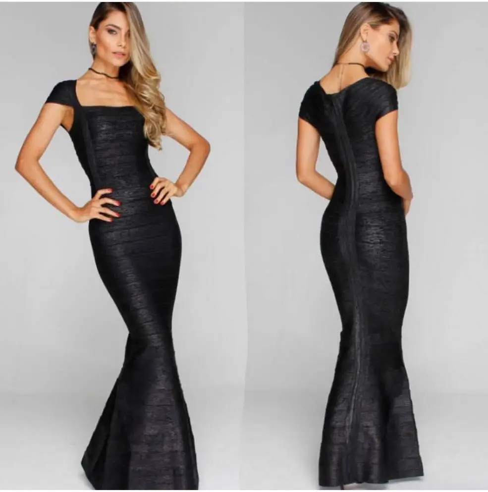 

2018 Summer Bronzing Black Floor Length Long Square Collar Sleeveless Bandage Maxi Celebrity Evening Party Dress Women Vestidos
