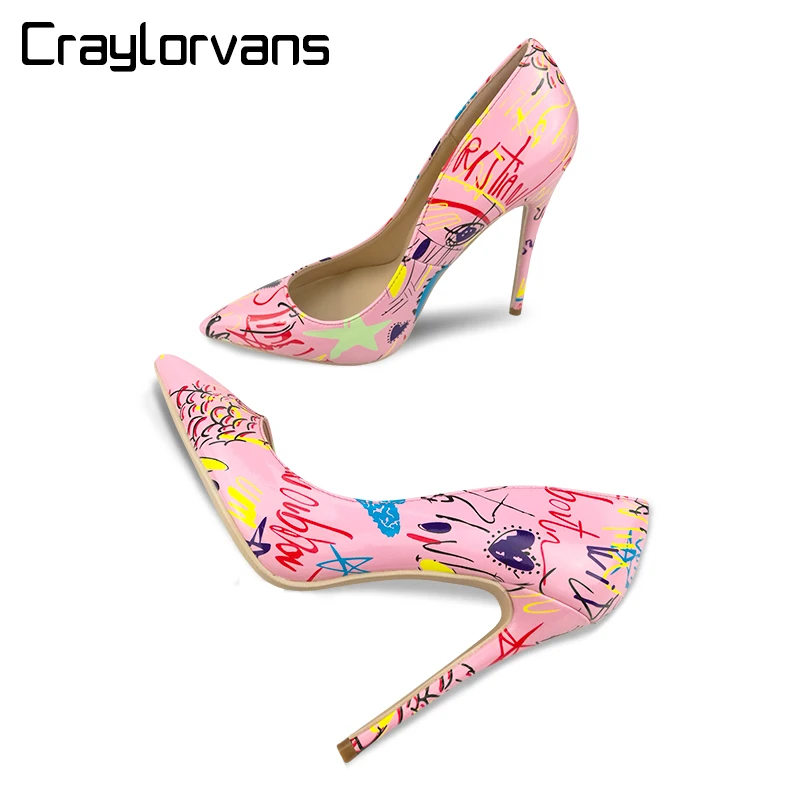 

Craylorvans 2018 Graffiti Colorful Brand Wedding Party Shoes Pink High Heels Sexy Spring Women Shoes Pointed Toe Women Pumps