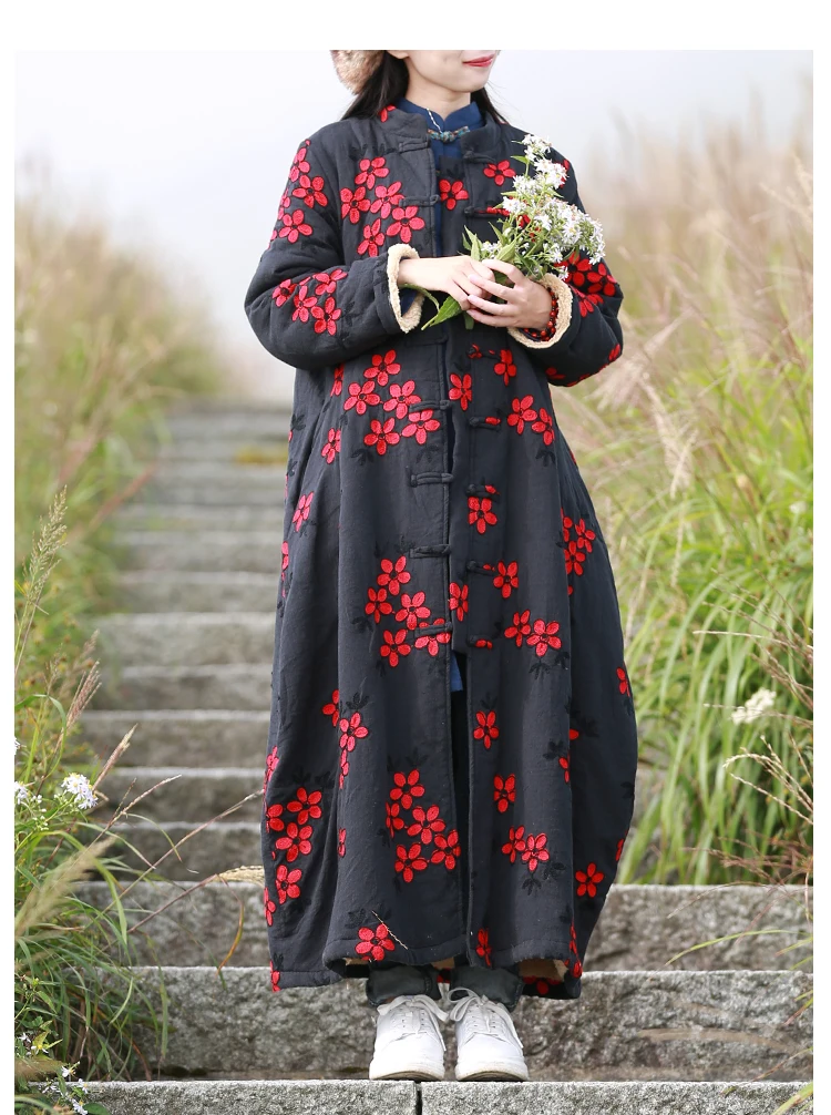 LZJN Women's Chinese-Style Floral Embroidered Trench Coat, Maxi Loose Overcoat, Windproof Fleece Jacket, for Autumn and Winter