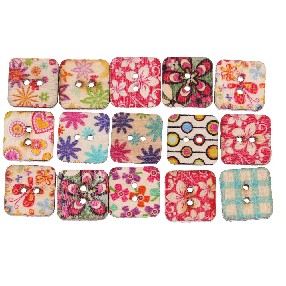 100PCS 2 Holes Square Sewing Wooden Buttons Mixed Flower Decorative