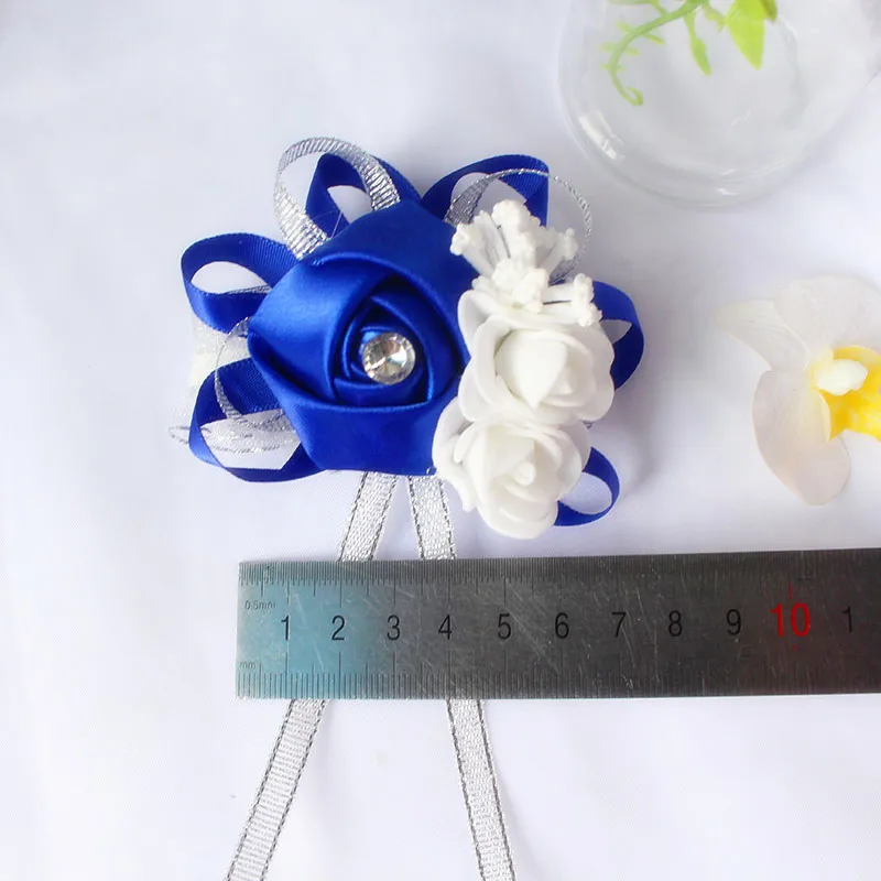 Silk Roses White Wrist Corsage for Bridesmaids - Elegant Floral Bracelet in Pink and Blue for Weddings
