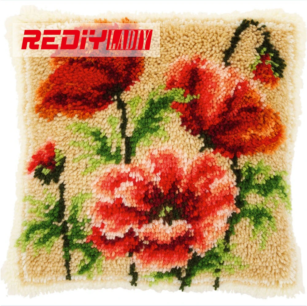 

Latch Hook Cushion Kits DIY Needlework Crocheting Throw Pillow Unfinished Yarn Cross-stitch Embroidery Set Pillowcase POPPIES