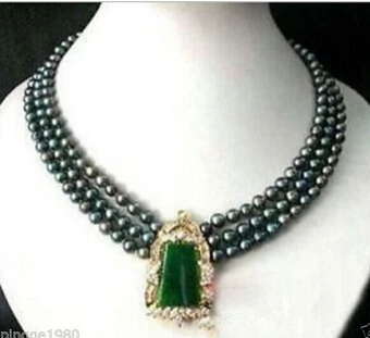 

zj 00039 3 row black pearl green jade crystal pendant necklace