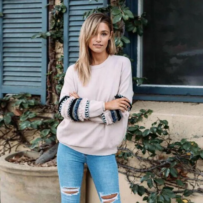 Autumn 2019 Fashion Streetwear Long Sleeve O-Neck Women Sweatshirts Loose Pink Tops Patchwork Pullo