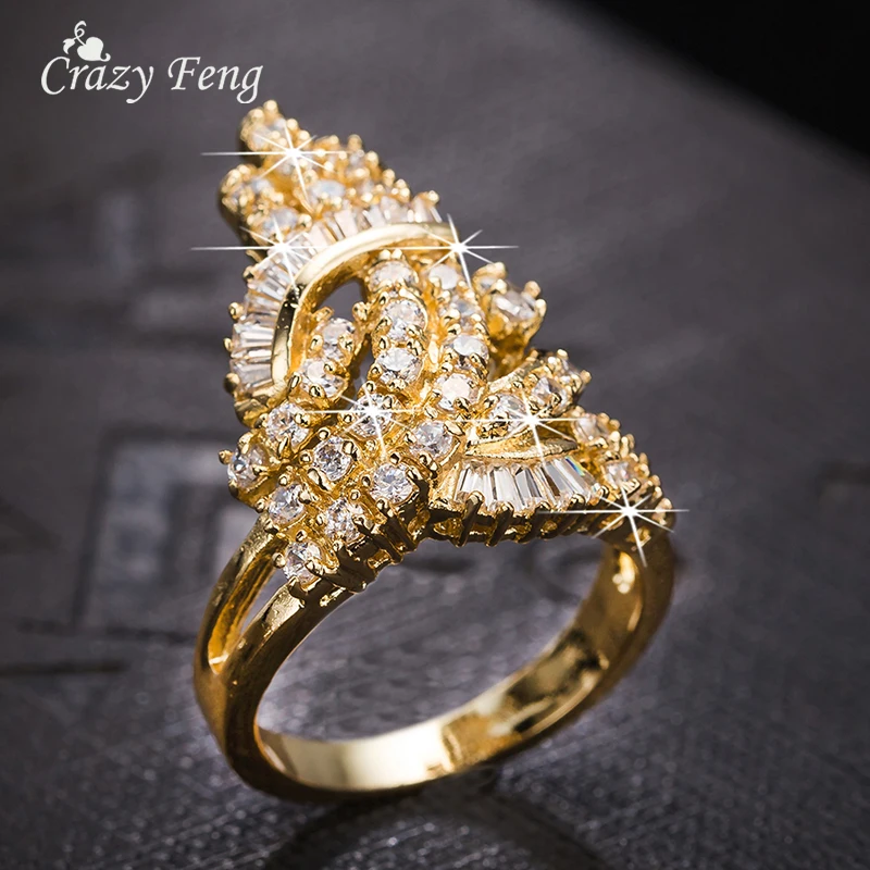 Fashion Jewelry Luxury Gold-color Crystal Geometric Shape Bridal Engagement Wedding Ring For Women Cubic Zirconia Jewelry Rings