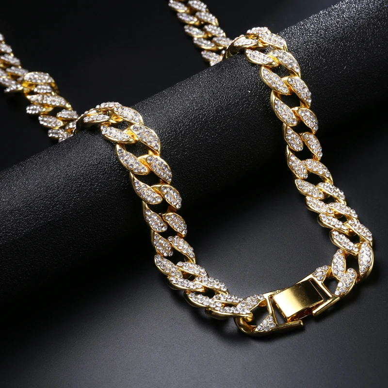 

15mm Miami Curb Cuban Chain Necklace Mens Gold Iced Out Paved Rhinestones CZ Necklaces for Men Jewelry Hip Hop Rapper Bling