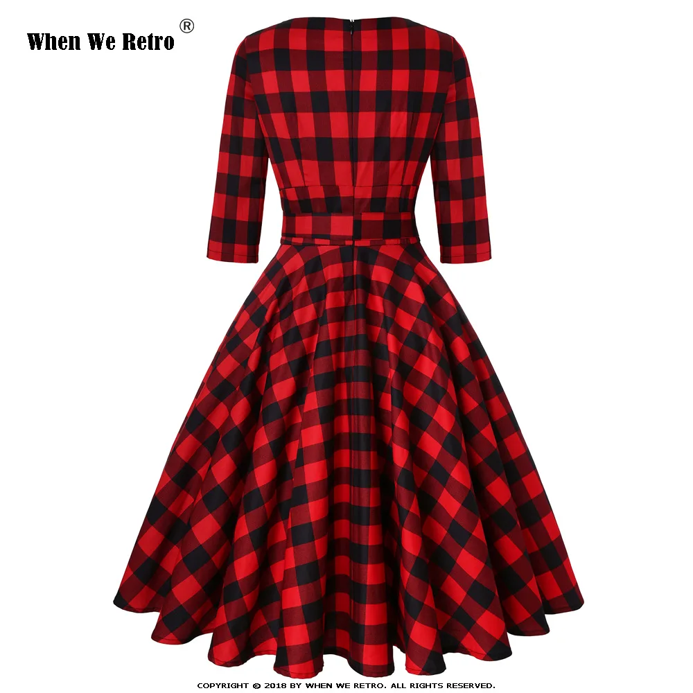 Когда мы Ретро женское осеннее хлопковое винтажное платье с v-образным вырезом 3/4 рукав в красно-черную клетку печатное ТРАПЕЦИЕВИДНОЕ ПЛАТЬЕ МИДИ плюс размер 4XL SD0006