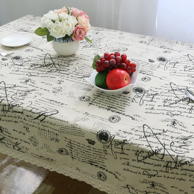 Europe Style Linen Cotton Table Cloth Rectangular Lace Edge Tablecloth Letter Pr