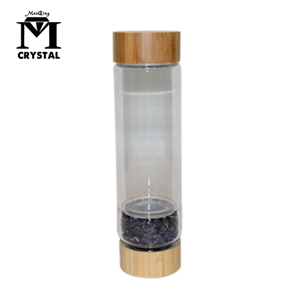 

2024 Drop Shipping Natural Crystal drink Water Bottle Quartz Gravel Gemstone Healing Glass Energy Elixir Bamboo Portable cup