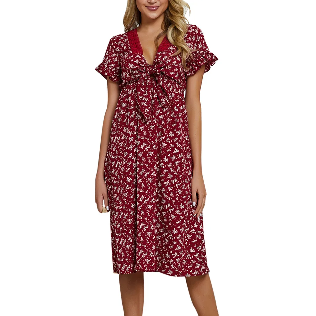 

Women Short Sleeve Wrap Boho Floral Midi Dress Ladies Summer Sundress Holiday