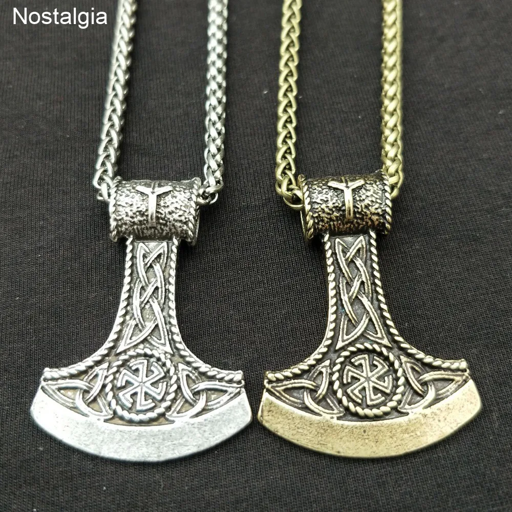 

Nostalgia Slavic Symbol Perun Axe With Kolovrat Pendant Trinity Viking Rune ALGIZ Scandinavian Norse Vintage Necklace