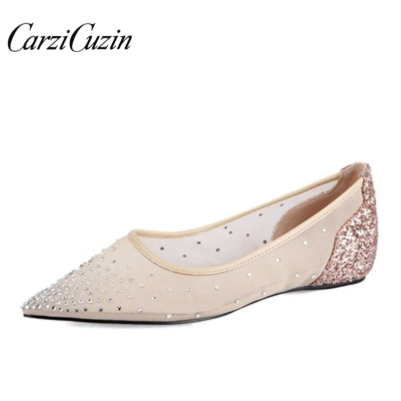 

Carzicuzin Mesh Crystal Flats Shoes Women Pointed Toe Slip On Casual Shoes Bling Fashion Daily Soft Women Footwear Size 34-39