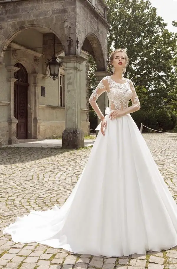 2015 Sexy A Line Wedding Dresses Jewel Neck Long Sleeve Lace
