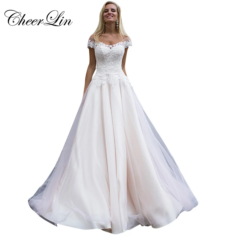 Boat Neck Wedding Dresses Tulle Cover Satin (1)
