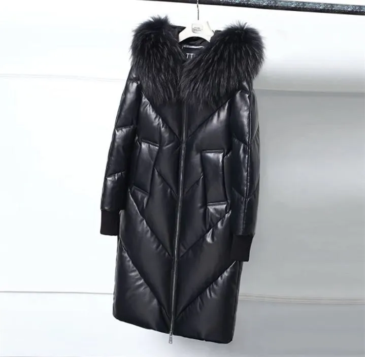 Зимняя женская куртка на утином пуху, новинка, меховой воротник с капюшоном из искусственной кожи, свободное повседневное черное теплое длинное пальто на молнии размера плюс 5XL AC114