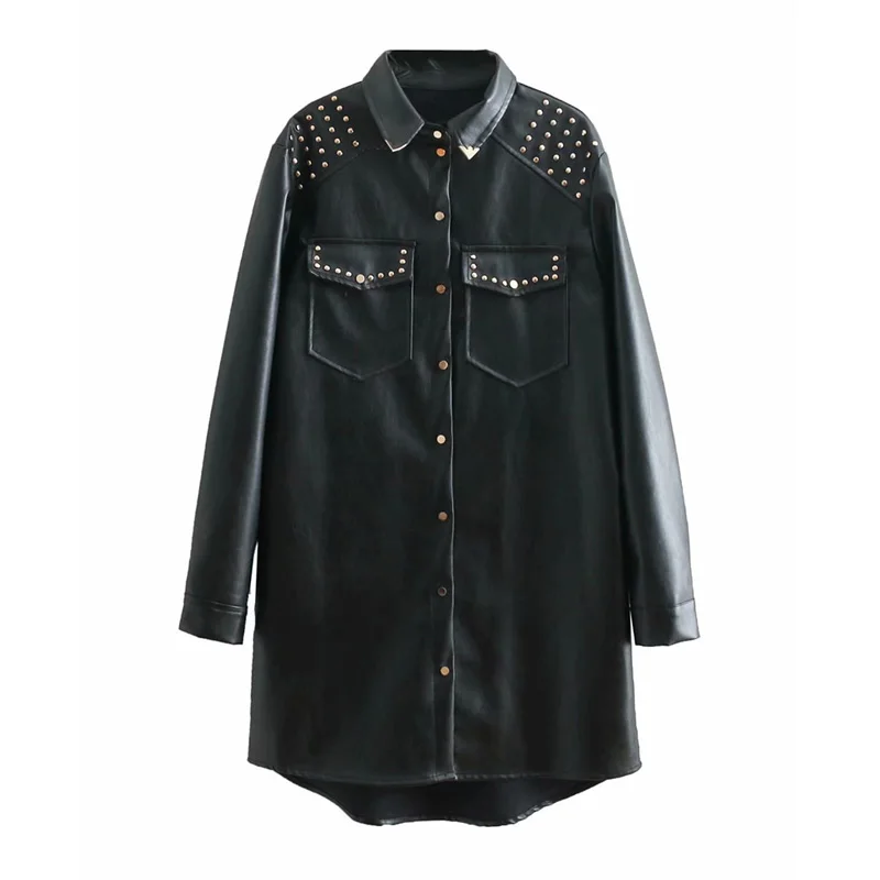

2019 Punk Style Rivets Long Sleeve Turn Down Collar Women Pu Leather Black Blouses Women Long Blouses Women Shirts Blusas Mujer